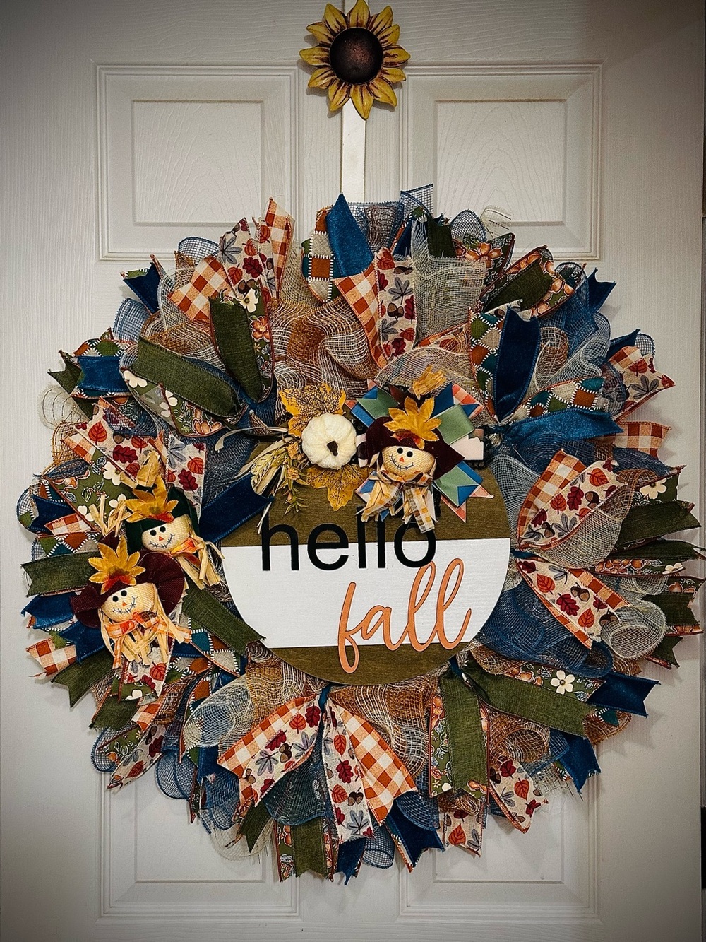 Hello Fall Burlap & Ribbon Decorative Wreath - Blue, Orange, Green